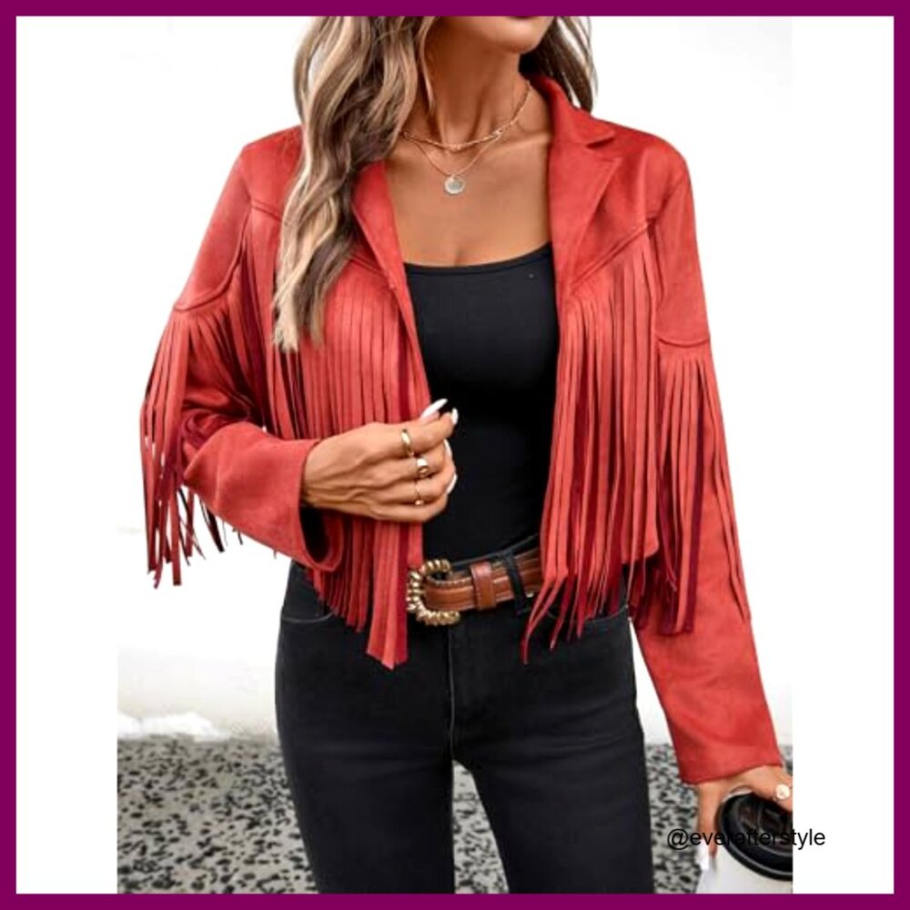 Faux Suede Cropped Jacket Fringe Tassel Western Style Boho Chic Fall Fashion - Picture 6 of 7